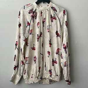 Second Female Bird Print High Neck Blouse Women’s Large Long Sleeve